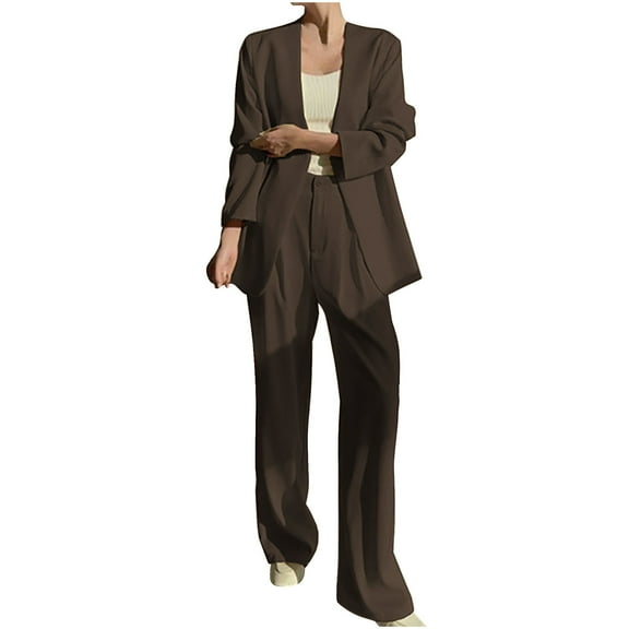 ZACPNCV Women's Casual Lattice Color Suit Long Sleeve Blazer and Long Pants Two-piece Set Coffee