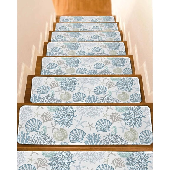 Light Blue Teal Coastal Stair Treads Non Slip Indoor for Wooden Steps, Summer Beach Coral Shell Ocean 4 Pcs Stair Mats for Elders Dogs, 8 x 30 Inch Carpet Treads Runner Rugs for Staircase