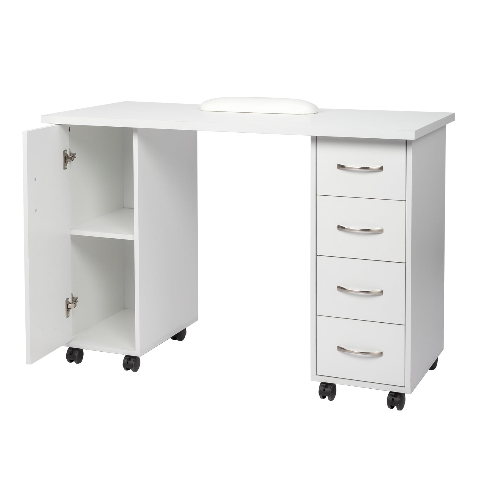 Ktaxon Manicure Table Salon Beauty Nail Desk with 4 Drawers, Lockable Wheel & Wrist Pad, White