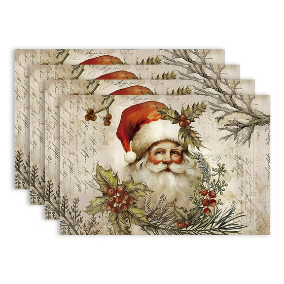 Merry Christmas Placemats 12x18 Inch Set of 4 Cartoon Santa Cute Deer Animal Table Mats for Kids Teens Adults Red Winterberry Green Leaves Rustic Style Kitchen Mats for Dining Table