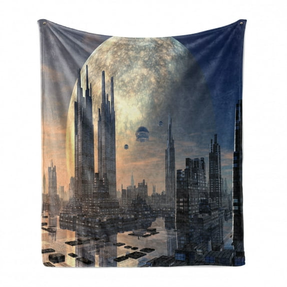 City Soft Flannel Fleece Blanket, Spacecraft in Formation Futuristic Alien City on Water Huge Planet in the Backdrop, Cozy Plush for Indoor and Outdoor Use, 60" x 80", Peach Tan Blue, by Ambesonne