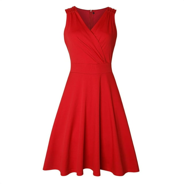 Robe d'Été Sans Manches Plissée Taille Haute Col en V Enveloppée Couleur Unie pour Femmes