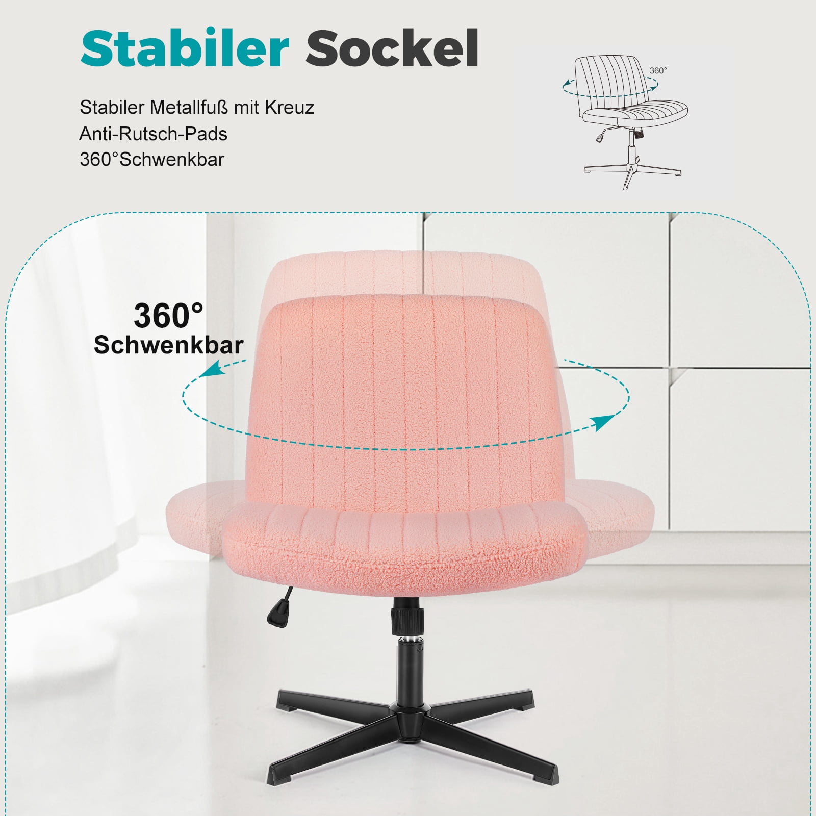 Armless Criss Cross Legged Office Chair, Desk Chair No Wheels, Teddy Fabric, Pink