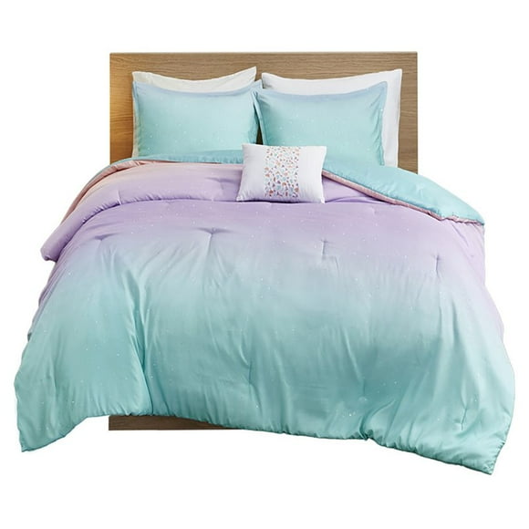 Mi Zone Glimmer Polyester Glitter Printed Comforter Set in Aqua Blue
