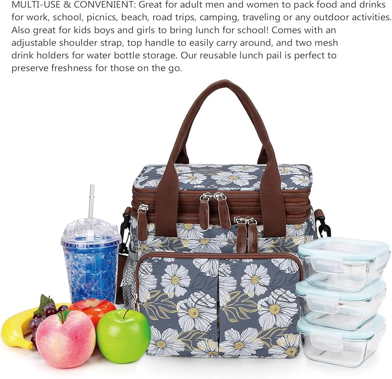 Lunch Bag Insulated Expandable Lunch Box for Women - Reusable Adults Floral Lunch Tote Bag Lunch Box for Office Work Picnic (Yellow Flower)