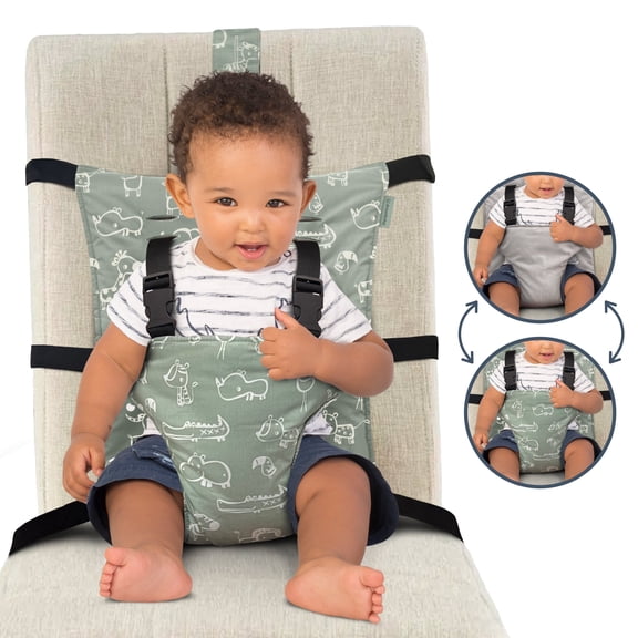 Dreambaby Portable Travel High Chair Harness Seat, Reversible 6M | Rolls up to fit diaper bag, machine washable, made with recycled bottles, fits most dining chairs