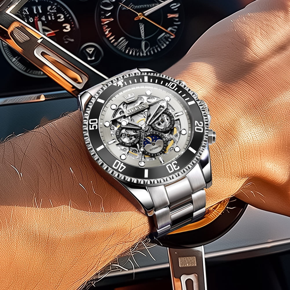 OLEVS Automatic Watches for Men Skeleton Self Winding Mechanical Fashion Dress Chronograph Moon Phase Stainless Steel Waterproof Luminous Mens Wrist Watches Gift Reloj Para Hombre