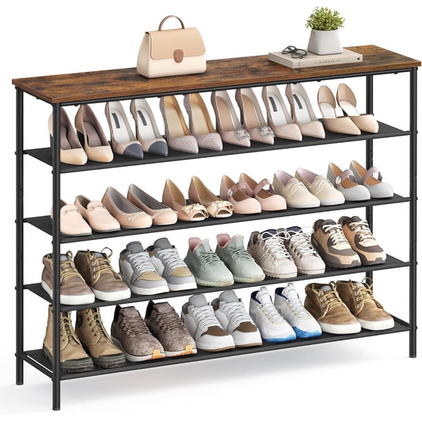 Organizador de Almacenamiento de Zapatos de 5 Niveles para Entrada y clóset, Capacidad para 20-24 Pares de Zapatos, 4 estantes de Tela, Marco de Acero, Industrial, café rústico y
