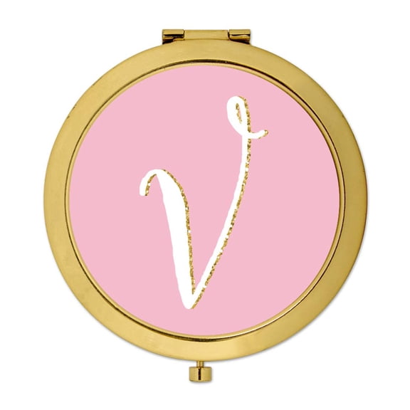 Koyal Wholesale Gold Compact Mirror Bridesmaid's Wedding Gift, Blush Pink Faux Gold Glitter, Monogram Letter V, 1-Pack