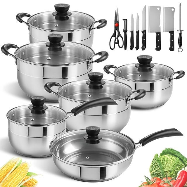 NOVRY Batería de Cocina de Acero Inoxidable de 20 Piezas, Juego de Ollas y Sartenes Antiadherentes con Juego de Cuchillos para Estufas de Inducción, Eléctricas y Gas (color metalico)