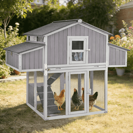 Suumerpety Large Chicken Coop with Run Wooden Chicken House for Outdoor with Nesting Boxes Pull-out Tray Weatherproof Poultry Cage for 4-6 Chickens Gray