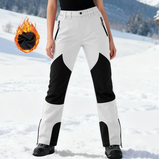 Pantalon de Neige pour Femme, Coupe-Vent Imperméable Isolé Doublé en Molleton Thermique Ski Plein Air Randonnée Planche à Neige Pantalon Extensible pour Femme Blanc TG
