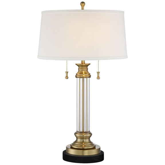 Vienna Full Spectrum Rolland Traditional Table Lamp with Black Round Marble Riser 30" Tall Antique Brass Crystal Off White Shade for Living Room House