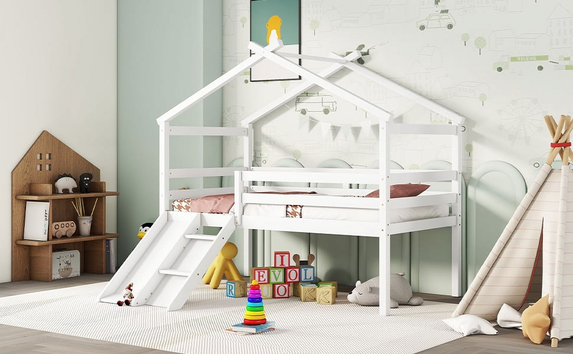 Mintazer Twin Size House Loft Bed with Slide & Ladder, Playhouse Gable Roof Low Loft Bed Frame with Guardrails for Kids Toddler Bedroom, White