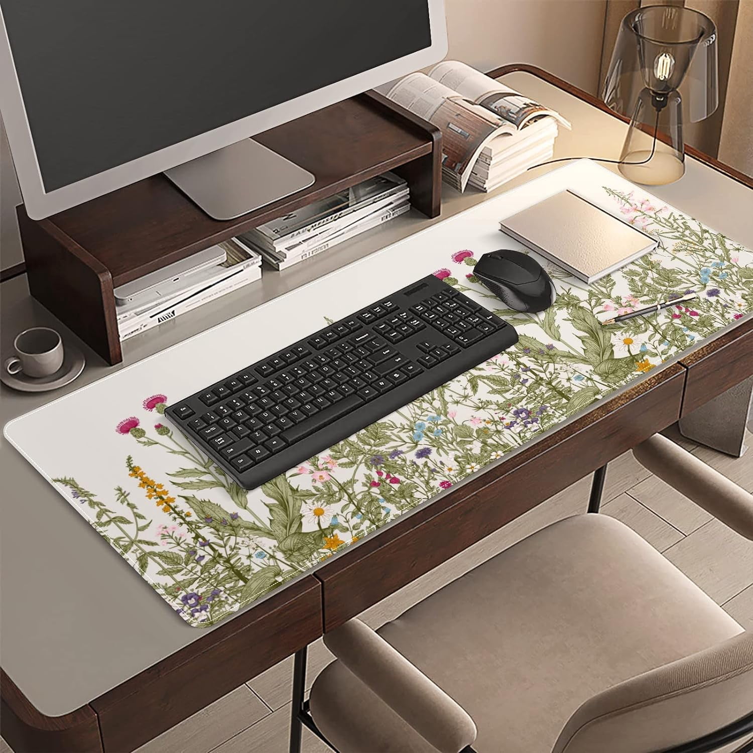 Wild Herbs Floral Desk Mat, Desk Accessory, Cute Workspace, Trendy Workspace, Trendy, 35.4x15.7in Large Gaming Mouse Pad, Cute Desk Topper, Pretty Desk Pad