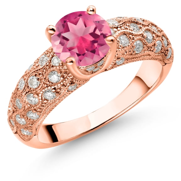 Gem Stone King 18K Rose Gold Plated Silver Pink Mystic Topaz and White Moissanite Engagement Ring for Women (1.99 Cttw, Round 7MM, Gemstone, Size 9)