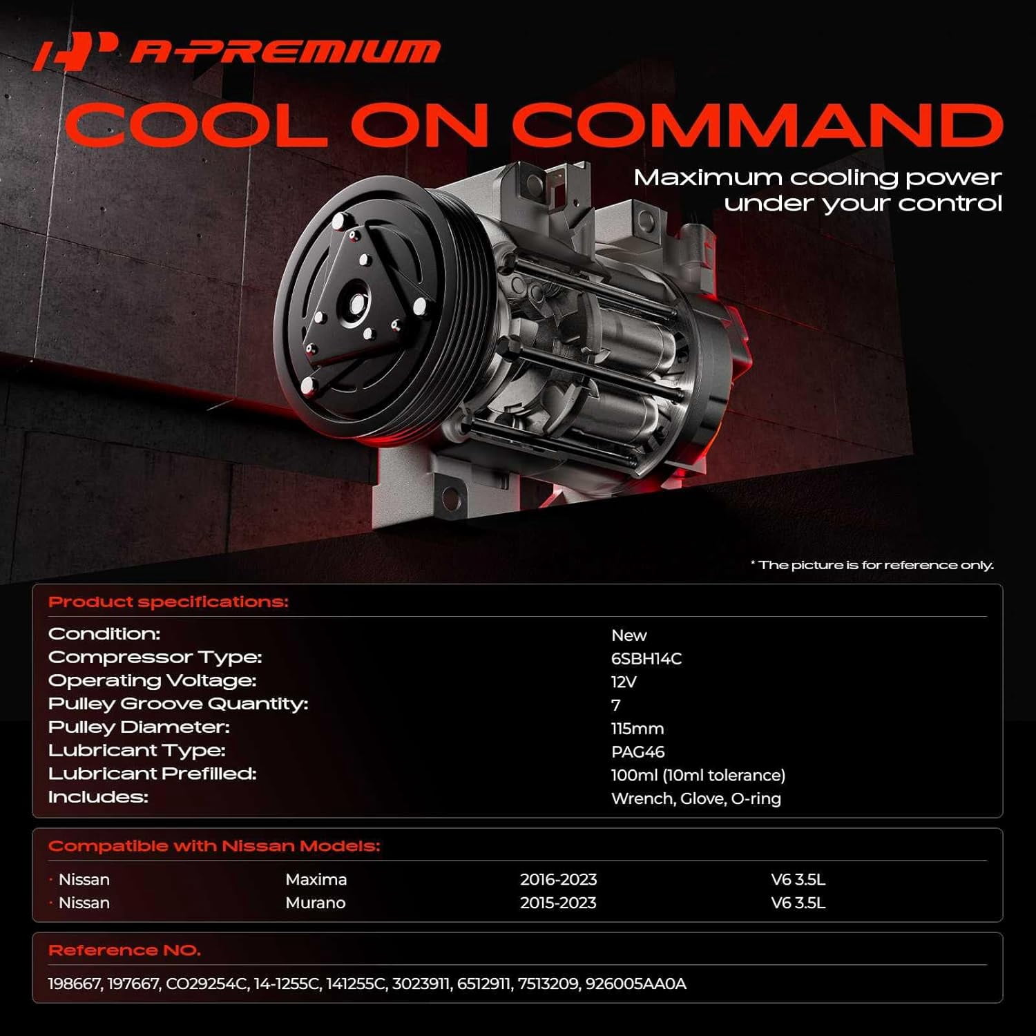 A-Premium AC Compressor with Clutch Compatible with Nissan Maxima 2016-2020 Murano 2015-2020 V6 3.5L