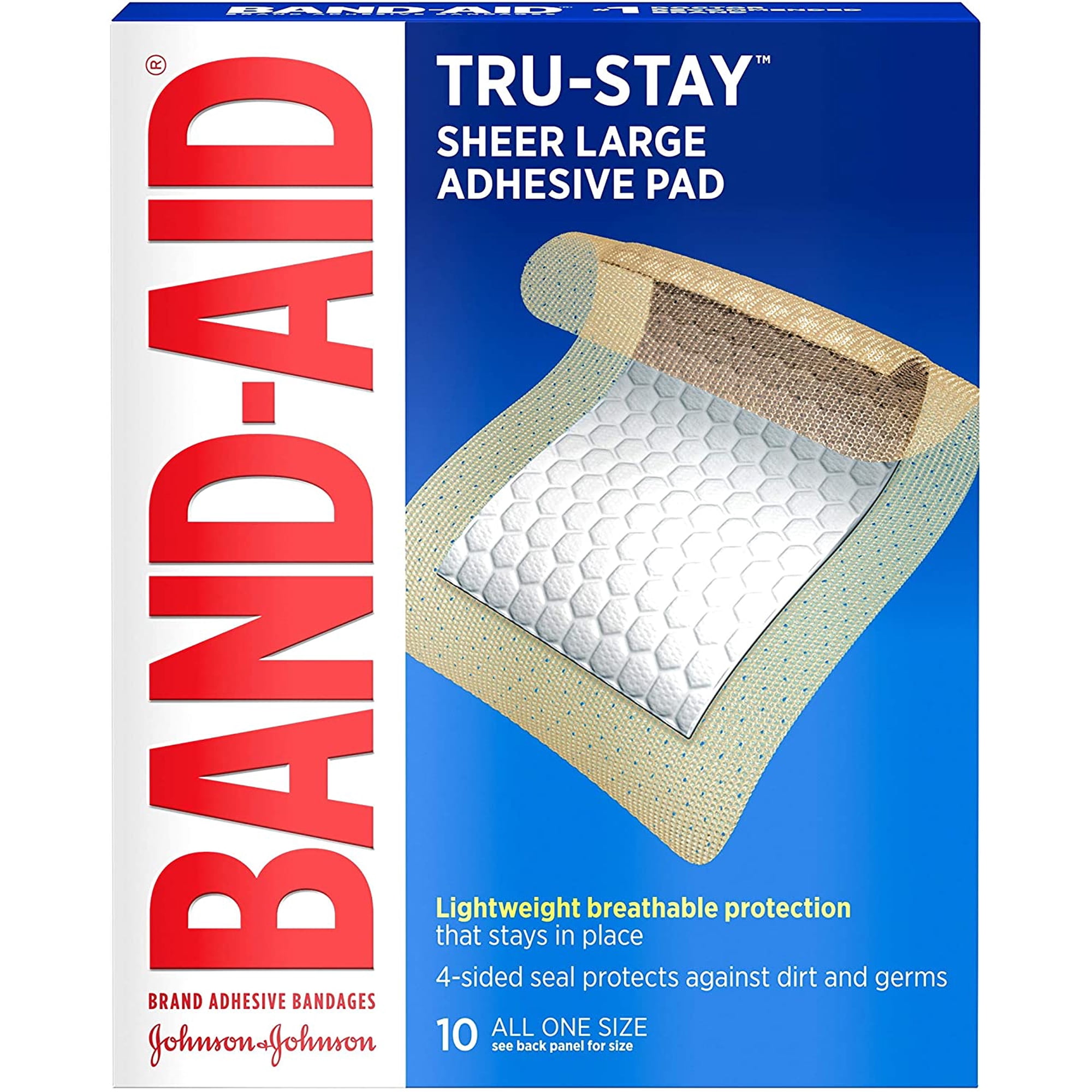 Band-Aid Brand Tru-Stay Adhesive Pads, Large Sterile Bandages, 10 ct