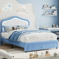 thumbnail image 2 of Twin XL Upholstered LED Bed Frame with Storage Drawers, Cute Boys Bed with Adjustable Lotus Headboard, Faux Leather Platform Bed Frame, Wooden Slats Support, No Box Spring Needed, Blue/White, 2 of 8