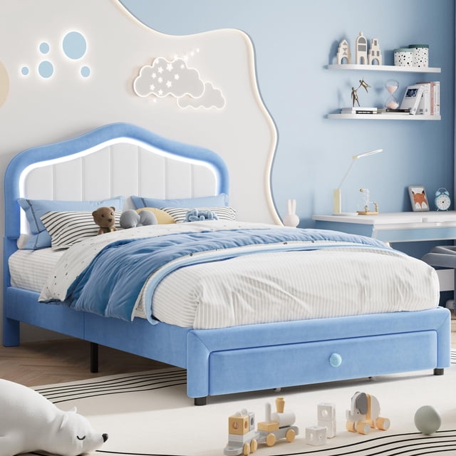 Cama tapizada matrimonial con luces LED y cajón, estructura de terciopelo, cabecera moderna, soporte de lamas de madera, montaje fácil, sin box spring, diseño bajo y silencioso