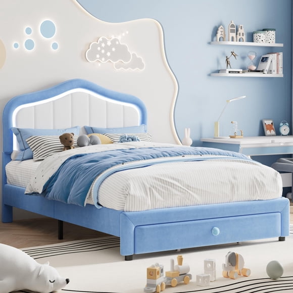 Cadre de Lit Double Bleu avec Lumières DEL et Tiroir de Rangement, Lit Plateforme en Velours avec Tête de Lit pour Enfants, Filles, Garçons, Aucun Sommier Requis, Lattes en Bois, Sans Bruit