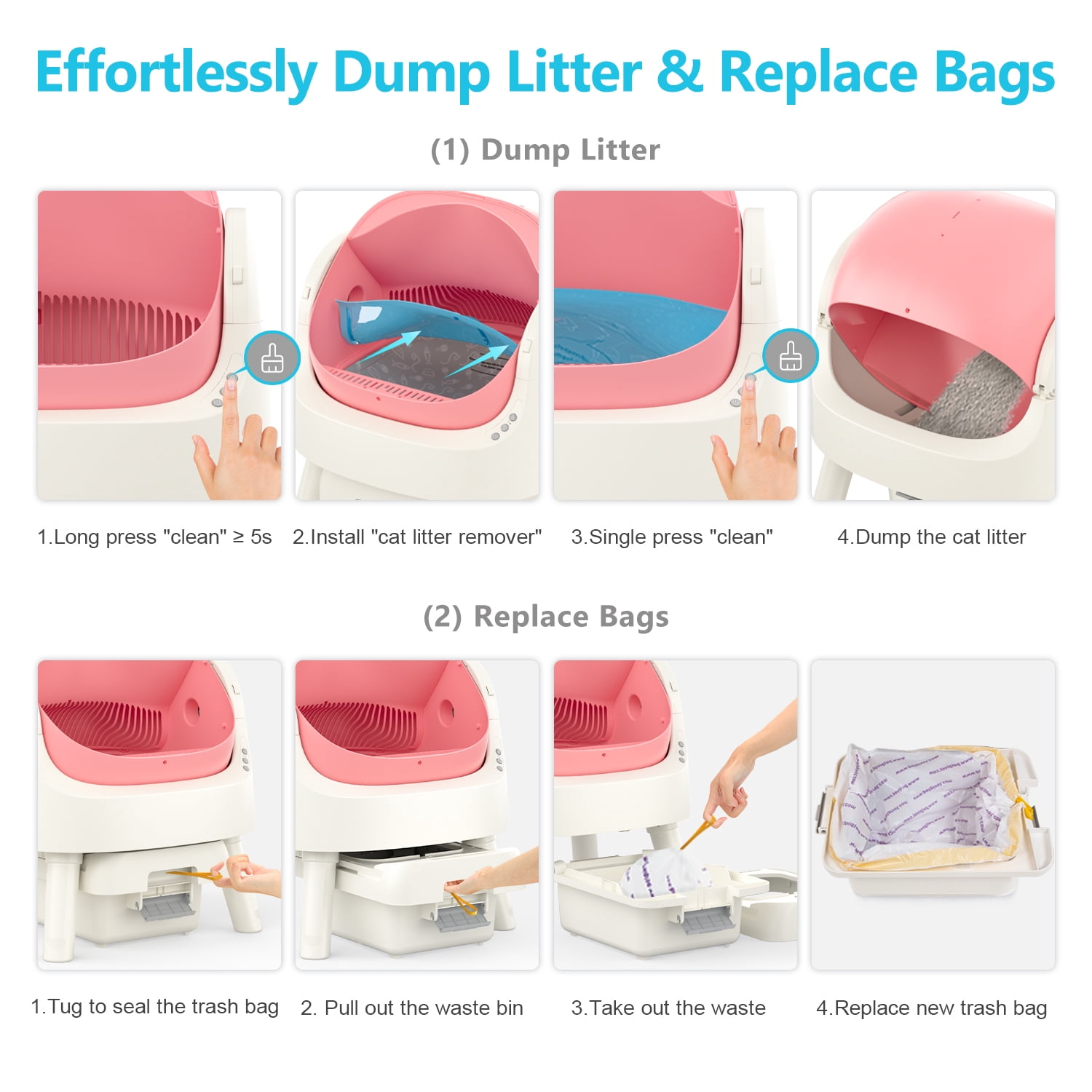 PetPivot Automatic Cat Litter Box Self-Cleaning with Safety Protection, Mat and Trash Bags Included, Pink