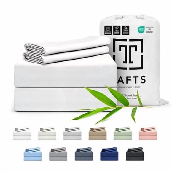 Tafts Draps 100 % Viscose Dérivée du Bambou Ensemble de Draps Lit Cali-Très Grand Poches Profondes de 17 Pouces Draps Luxueusement Doux Soyeux Rafraîchissants Double Piqûre Promesse de Qualité à Vie (Blanc Froid)