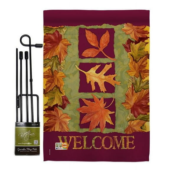 Breeze Decor BD-HA-GS-113061-IP-BO-D-US17-AM 13 x 18.5 in. 3 Fall Leaves Harvest & Autumn Vertical Double Sided Mini Garden Flag Set with Banner Pole