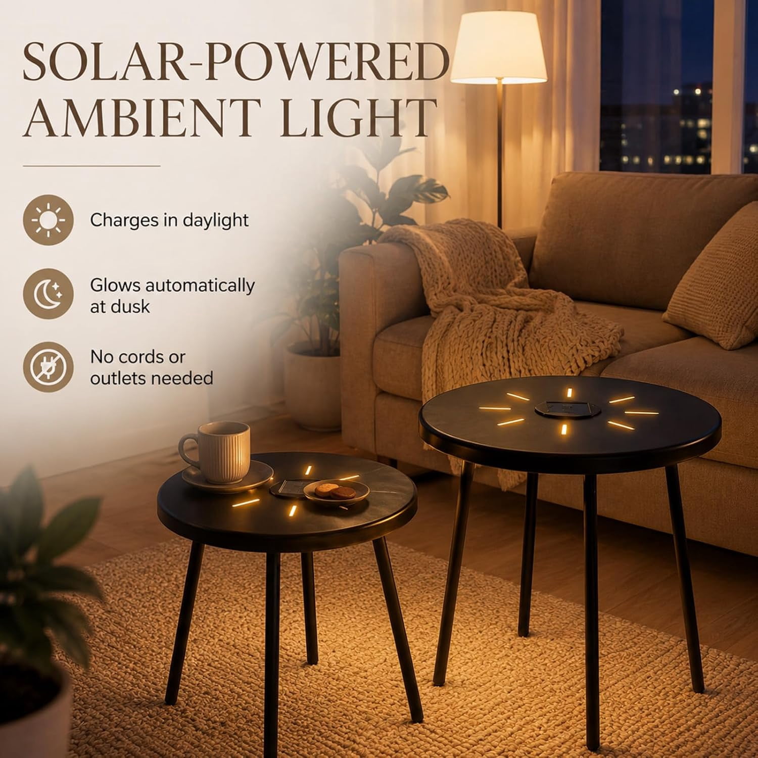 Black Round Nesting Coffee Table Set of 2, 2 PCS Small Outdoor Nesting Tables with LED Light for Living Room, Metal Side Table Set for Balcony Patio