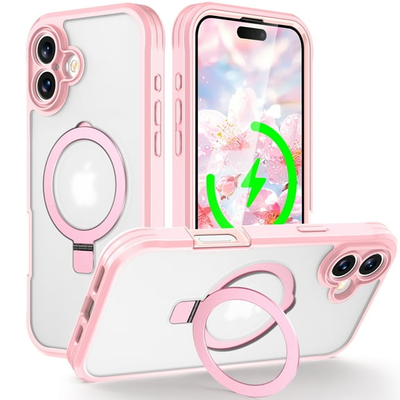 ELEHOLD Full Body Clear Case for iPhone 16 Plus, Shockproof Durable Case with Built-in Screen Protector & Magnetic Invisible Stand,Pink