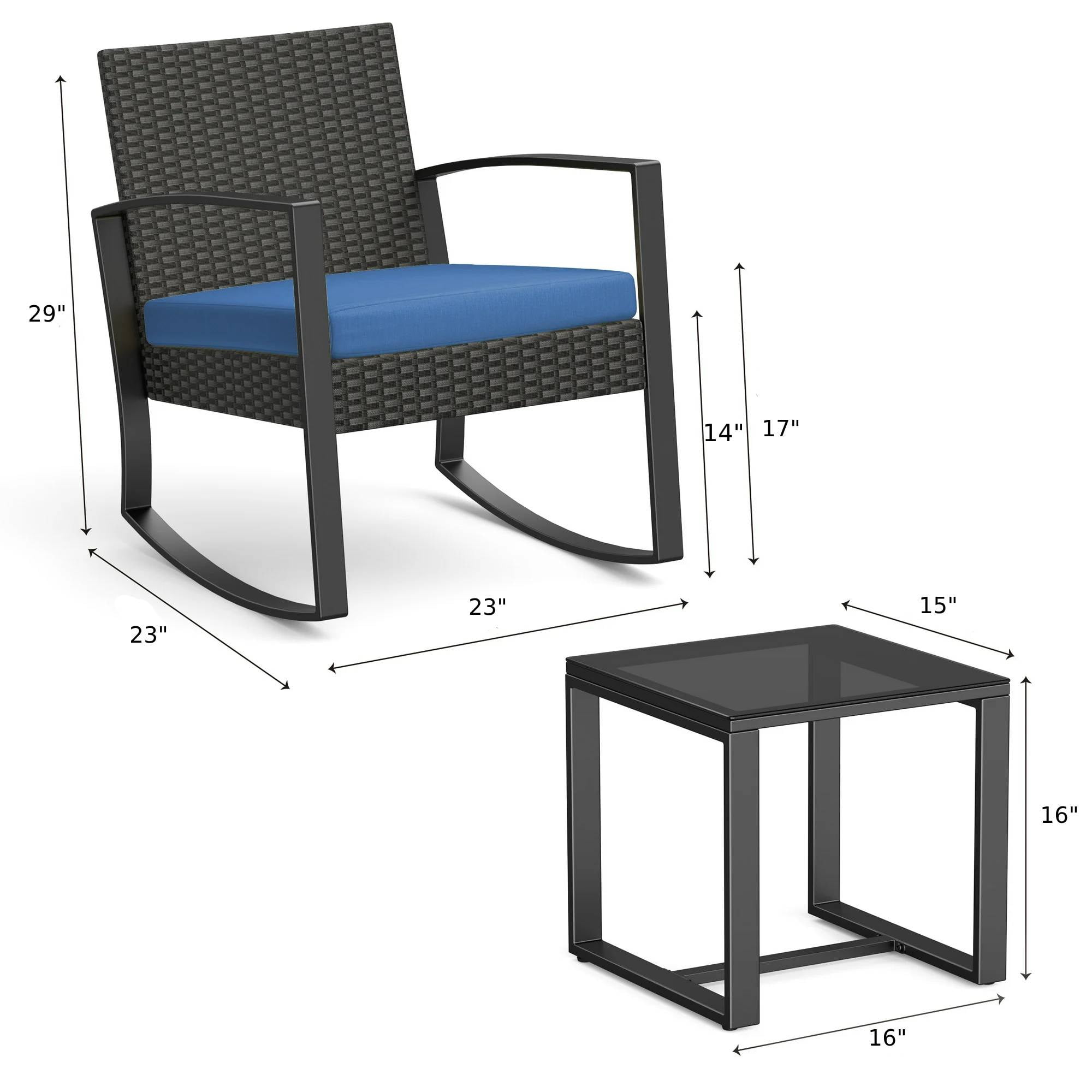 Lofka 3 Pieces Patio Bistro Chairs Set Outdoor Patio Furniture Sets with a Coffee Table, for Patio, Garden and Bistro, Blue Cushion