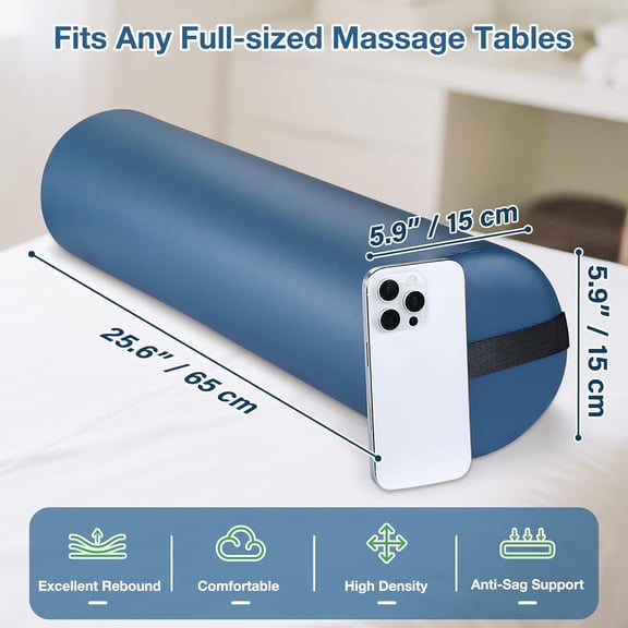 Full Round Bolster Pillow, 6" x 26" Massage Bolsters for Under Legs/Neck/Back Pain Relief, Knee Bolster with Strap Handle, Physical Therapy Bolsters for Massage Table Bed Yoga Pillow, Blue