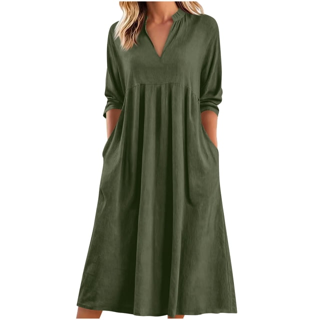 Vestido Largo de Manga Larga para Mujeres Cuello en V Suelto Bolsillo Cuarto de Manga Poliéster Vestido de Fiesta Casual