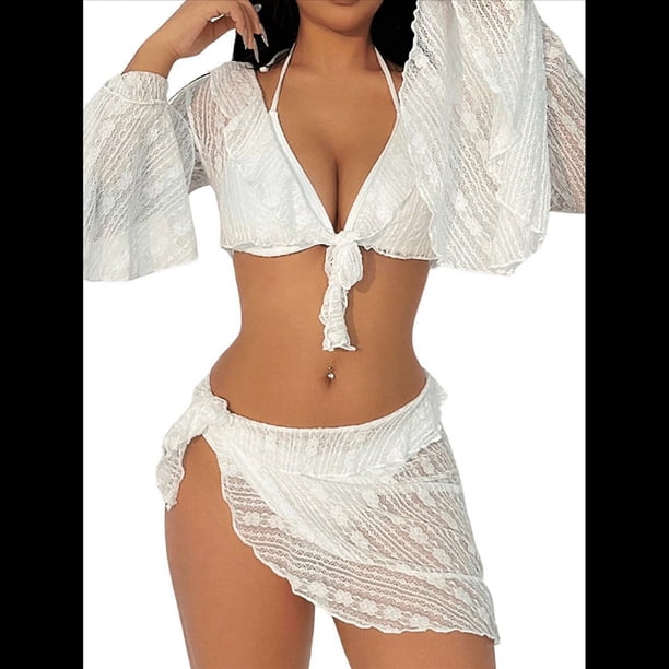 Conjunto de Bikini de 4 Piezas para Mujer - Traje de Baño Triangular con Cuello Halter Atrevido - Traje de Baño con Nudo Transparente S