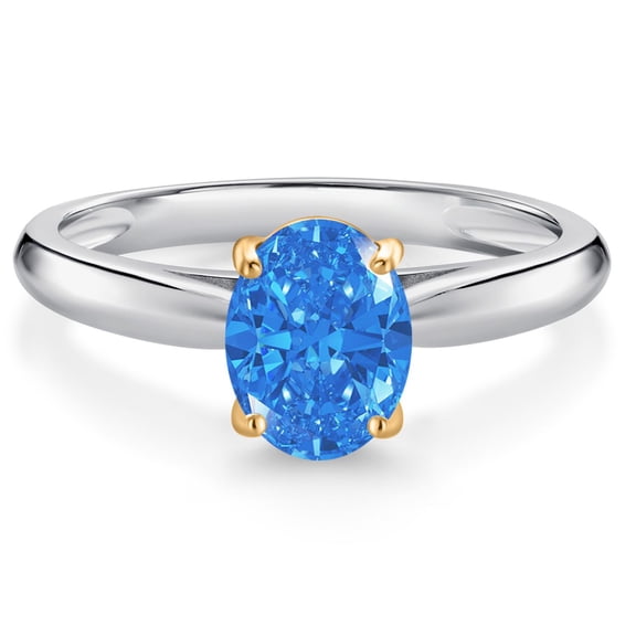 Gem Stone King 10K White and Yellow Gold Fancy Blue Zirconia Solitaire Engagement Ring for Women (1.21 Cttw, Oval 8X6MM, Gemstone Birthstone, Size 6)