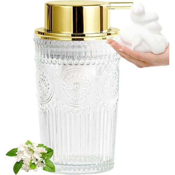 ABCISI Golden Pump Foaming Soap Dispenser - 10 oz Clear Glass Foam Hand Soap Dispenser for Bathroom & Kitchen, Refillable Dish Dispenser Foam Hand Wash Dispenser