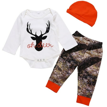 

TAIAOJING Toddler Baby Boys Fall Winter Clothes Xmas Girls Letter Cartoon Long Sleeve Romper Tops Pants Trousers With Hat Christmas Outfit Set 3PCS Fall Winter Outfits 6-12 Months