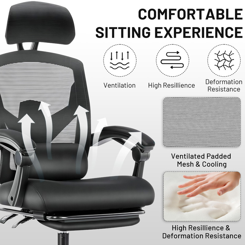 Ergonomic Office Chair with Footrest, Swivel Mesh Chair with Lumbar Support, Headrest and Flip-up Armrests for Home Office, Black