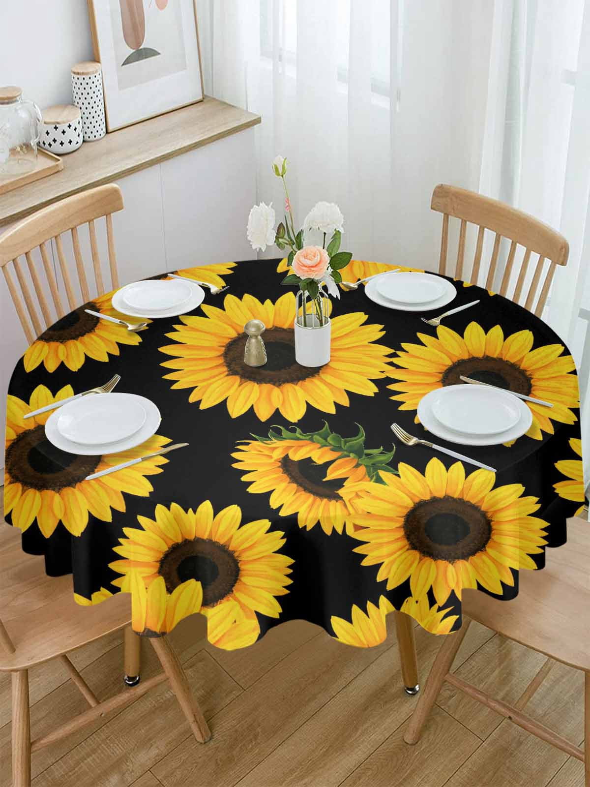 Round Tablecloth Black Sunflower Pattern Waterproof Oil Proof Polyester Table Cloth Cover Decor for Home Dining Outdoor,Patio,Parties, 60" Dia. Floral Print