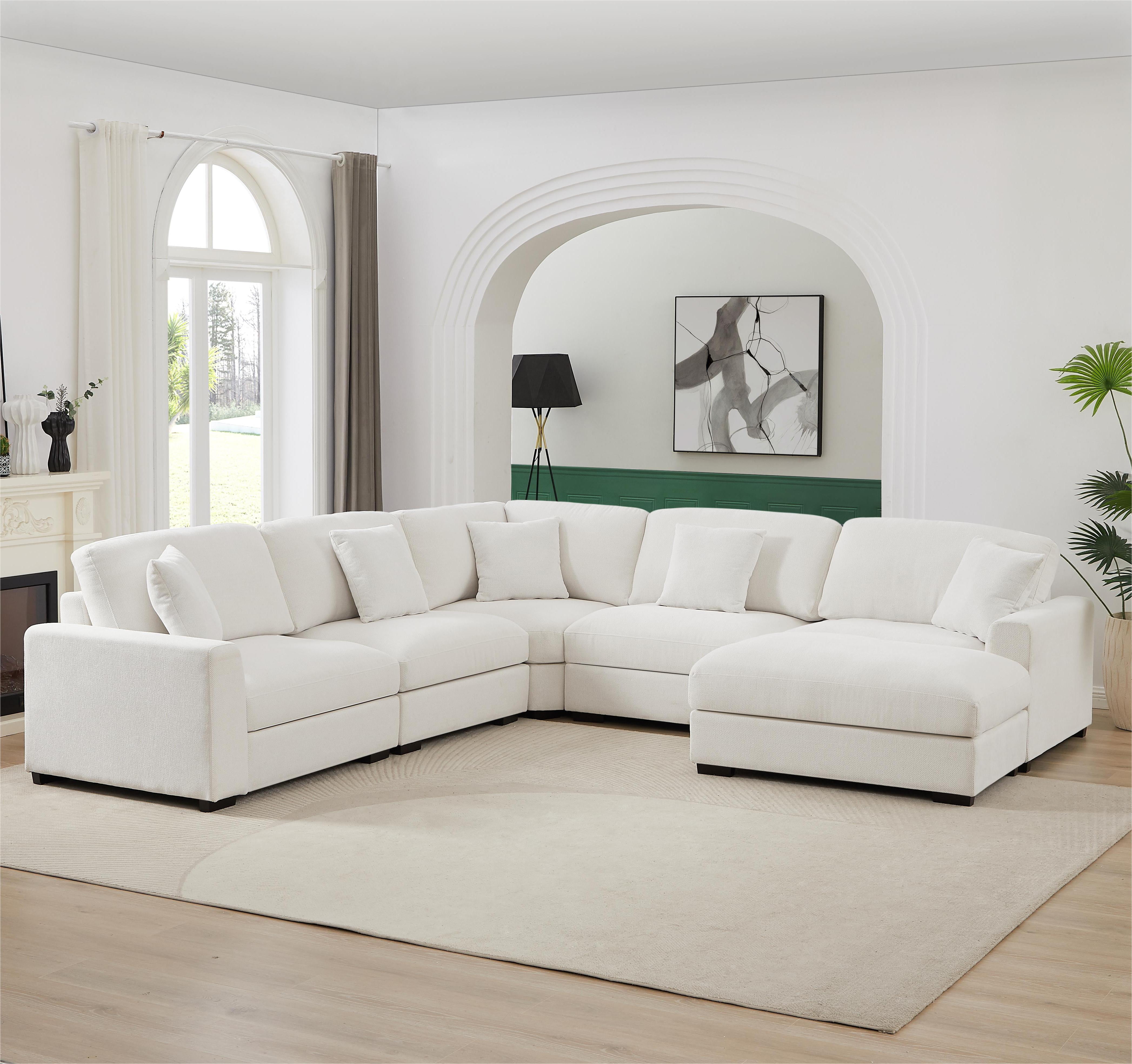 Chenille Reversible Modular 6 Piece Corner Sectional Couch with Ottoman for Comfortable and Versatile Living Room, Family Room, Home Theater, Living Spaces