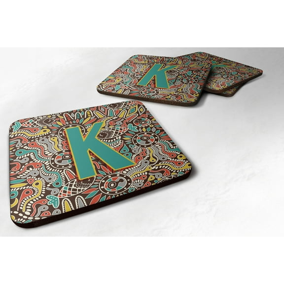 Letter K Retro Tribal Alphabet Initial Foam Coaster Set of 4