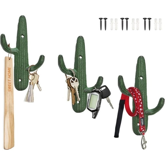 Comfify Cast Iron Cactus Wall Hooks, Set of 3 Rustic Double Hooks with Mounting Hardware, Green