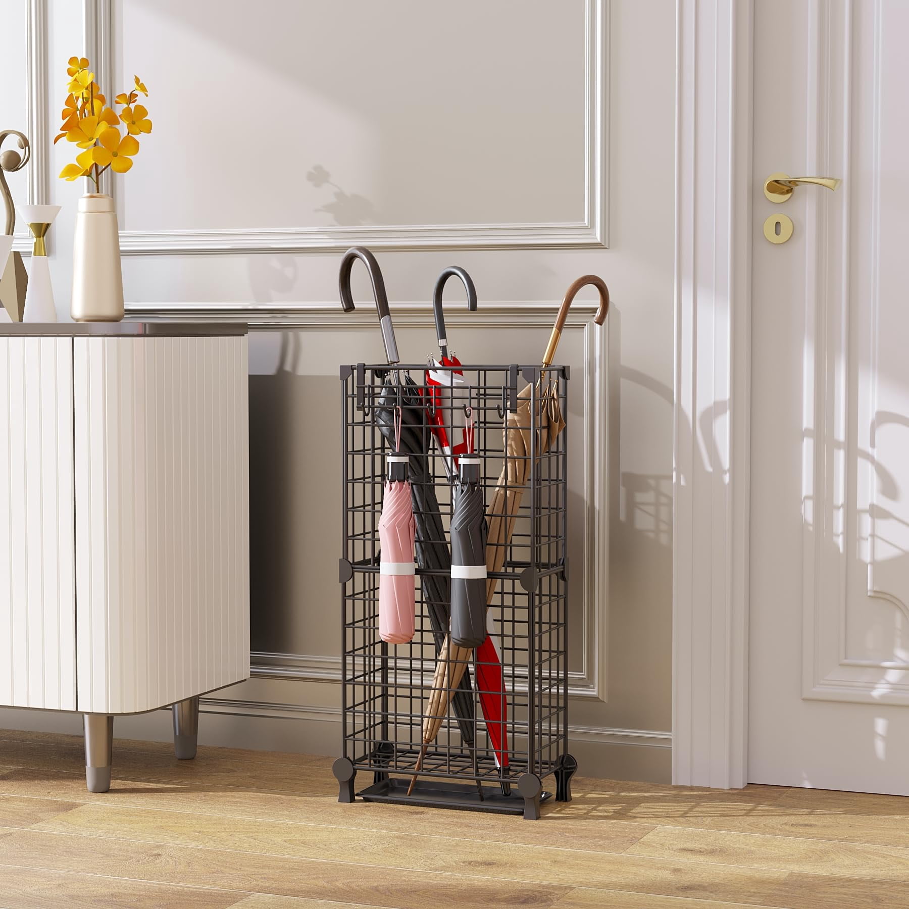 Umbrella Holder Entryway  Stand Freestanding Metal Square Rack Organizer With A Removable Drip Tray Hooks Black