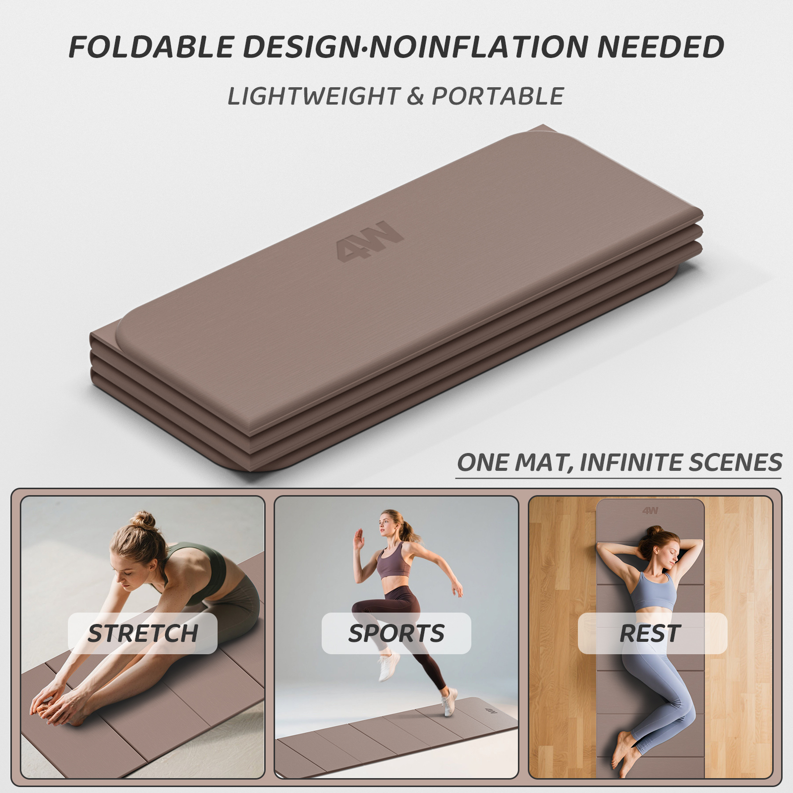 4W Foldable Yoga Mat 8mm Thick, TPE Non-Slip Fitness Mats, 3-in-1 for Yoga/Step Stool/Meditation, Quick Storage No Curling(Brown)