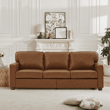 Mid-Century Modern Sofa with Wood Legs，PU Leather 3-Seater Couch for Living Room