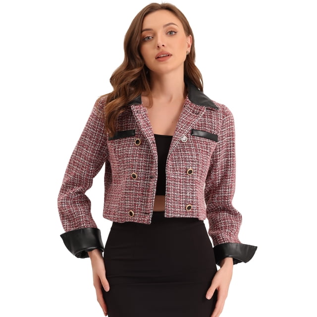 Chaqueta Corta de Tweed para Mujer Blazer Vintage de Tela de Cuadros con Solapa y Doble Botonadura rojo XL