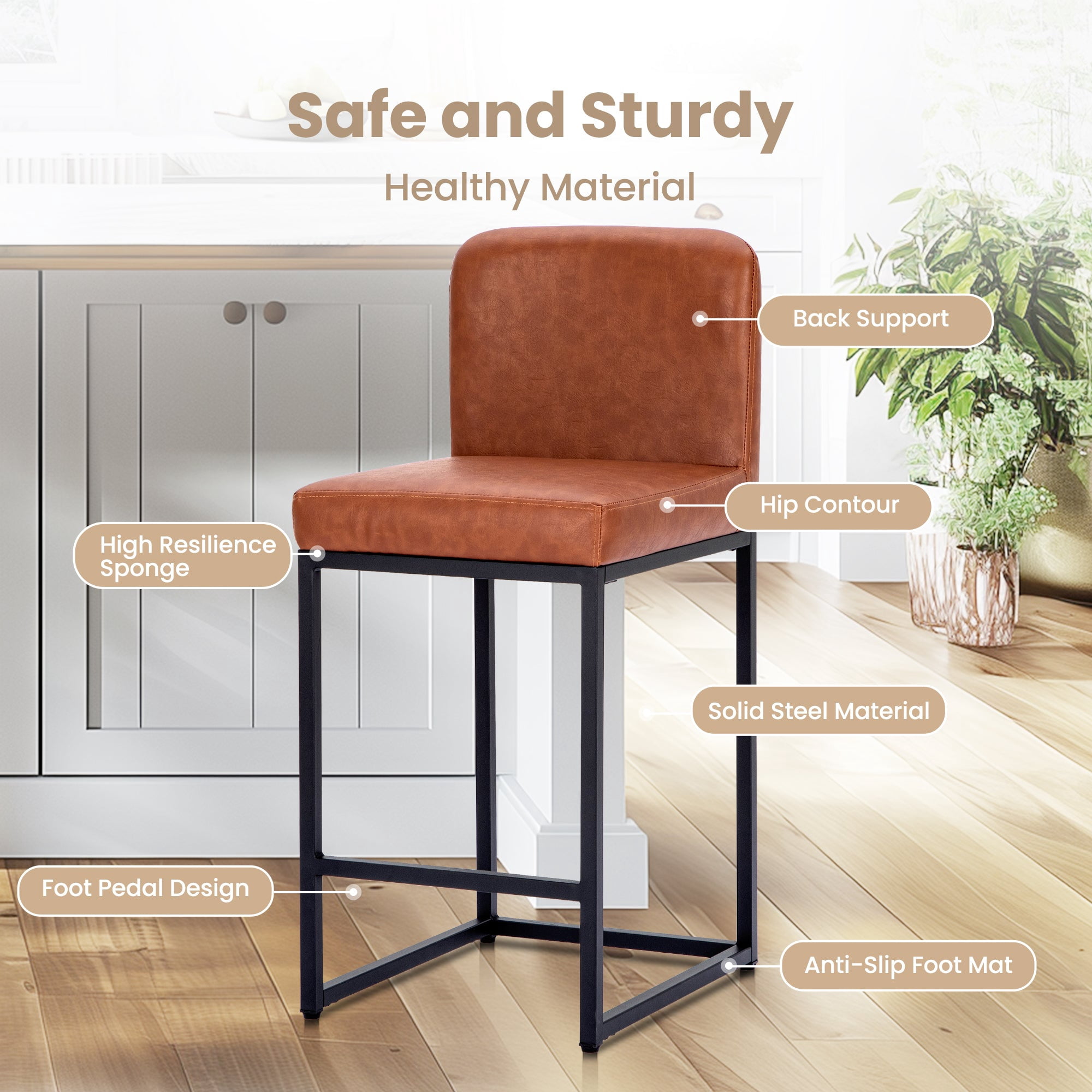 Sophia & William 24.6" Bar Stools Set of 4 PU Leather Counter Height Bar Stools with Back Modern Counter Height Chair for Kitchen Island, Brown