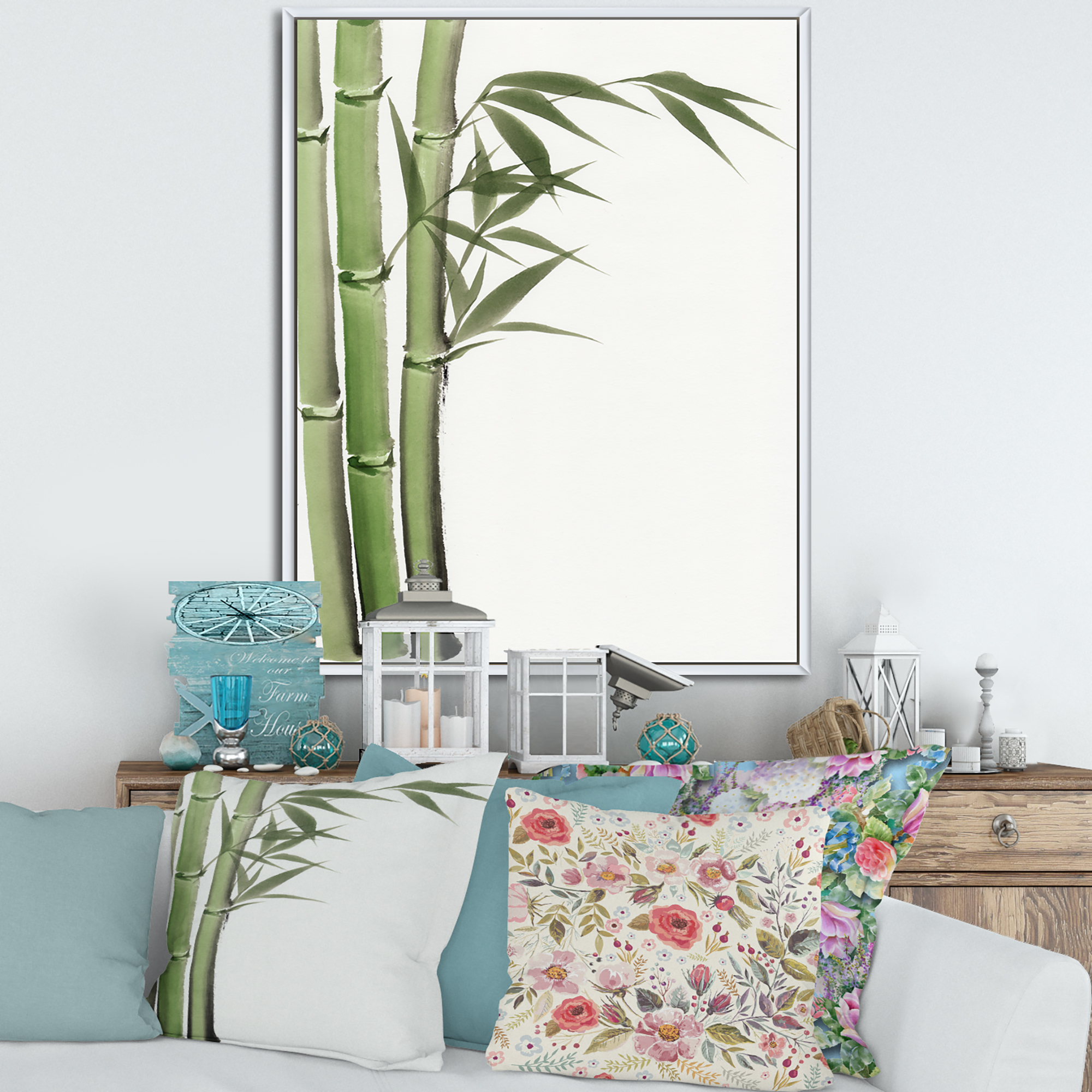 Designart 'Detail of Dark Green Bamboo and Leaves IV' Traditional Framed Canvas Wall Art Print