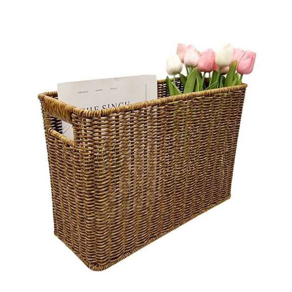 Narrow Tall Plastic Wicker Storage Bin with Handles, Open Top Organizer for Sofa Side, Corner Gaps, Magazine Holder, Home Closet Farmhouse