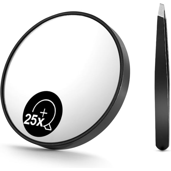 25X(150R) Magnifying Mirror and Eyebrow Tweezers Kit, 3.5" Two Suction Cups Magnifier Travel Set